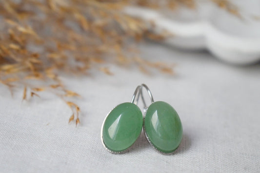 Green aventurine dangle earrings, Oval gemstone lever back earrings, Stone leverback earrings, Stainless steel, Chakra jewelry, Gift for her