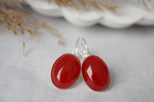 Oval red jade earrings, Gemstone dangle earrings, Red stone hanging earrings, Leverback earrings, Jade jewelry women, Gift for her