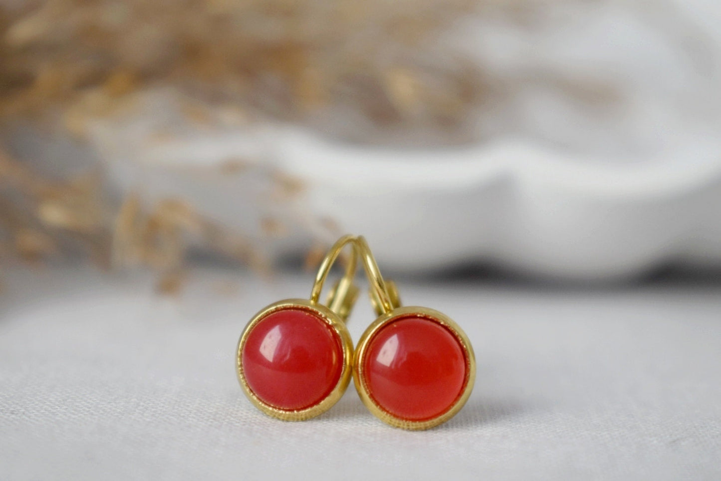 Red Jade Earrings Gold, 12mm Gemstone Dangle Earrings, Stone Hanging Earrings, Red Stone Lever Back Earrings, Jade Jewelry, Gift For Her