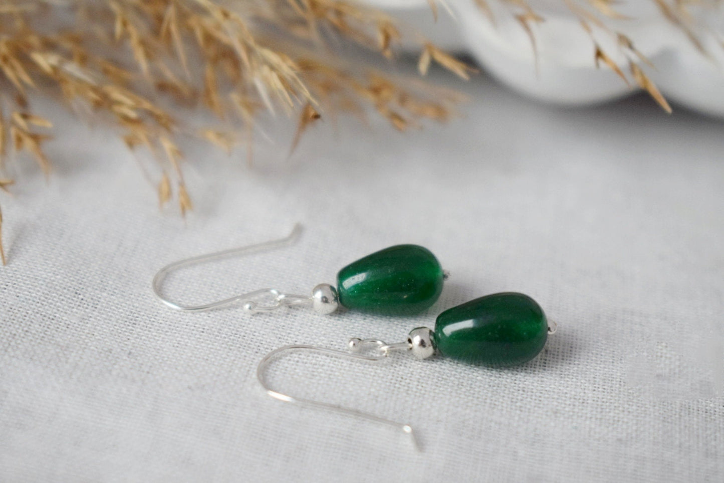 Green Jade Earrings in Sterling Silver, Small Green Drop Earrings, Minimalist Green Dangle Earrings for Everyday Wear, Jewelry Gift for her