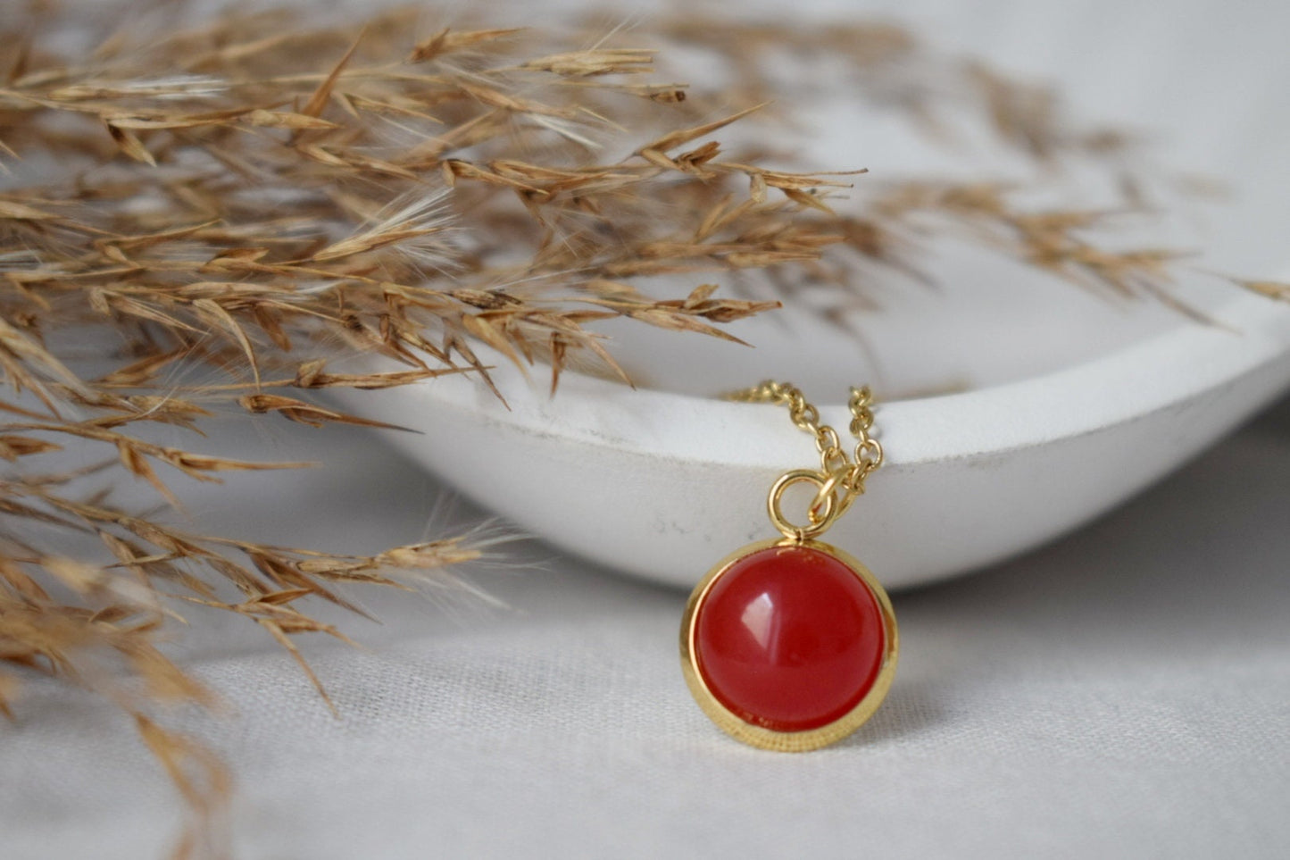 Red jade necklace 18k gold plated stainless steel, 10mm gemstone round pendant, Handmade jewelry, Best valentine's day gift