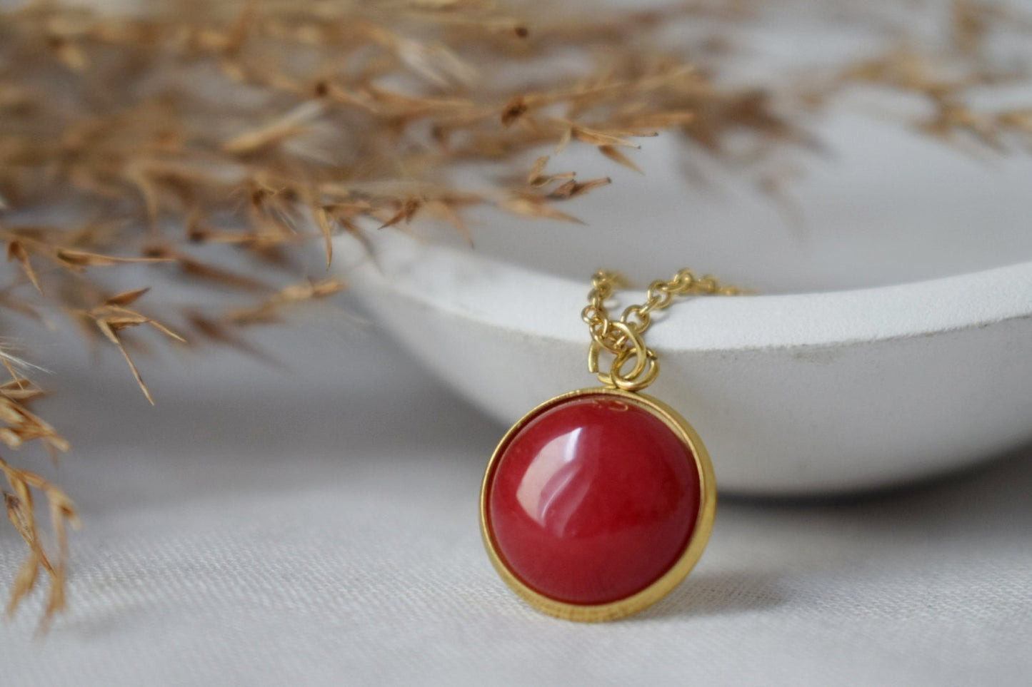Red jade necklace 18k gold plated stainless steel, 10mm gemstone round pendant, Handmade jewelry, Best valentine's day gift