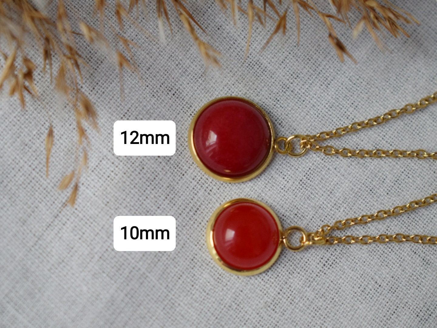 Red jade necklace 18k gold plated stainless steel, 10mm gemstone round pendant, Handmade jewelry, Best valentine's day gift