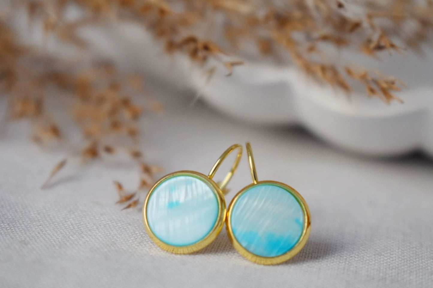 Mother of pearl earrings dangle, Gold and pearl earrings, Cabochon, 10mm, Lever back earrings, Bridesmaid, Wedding earrings, Gift for women