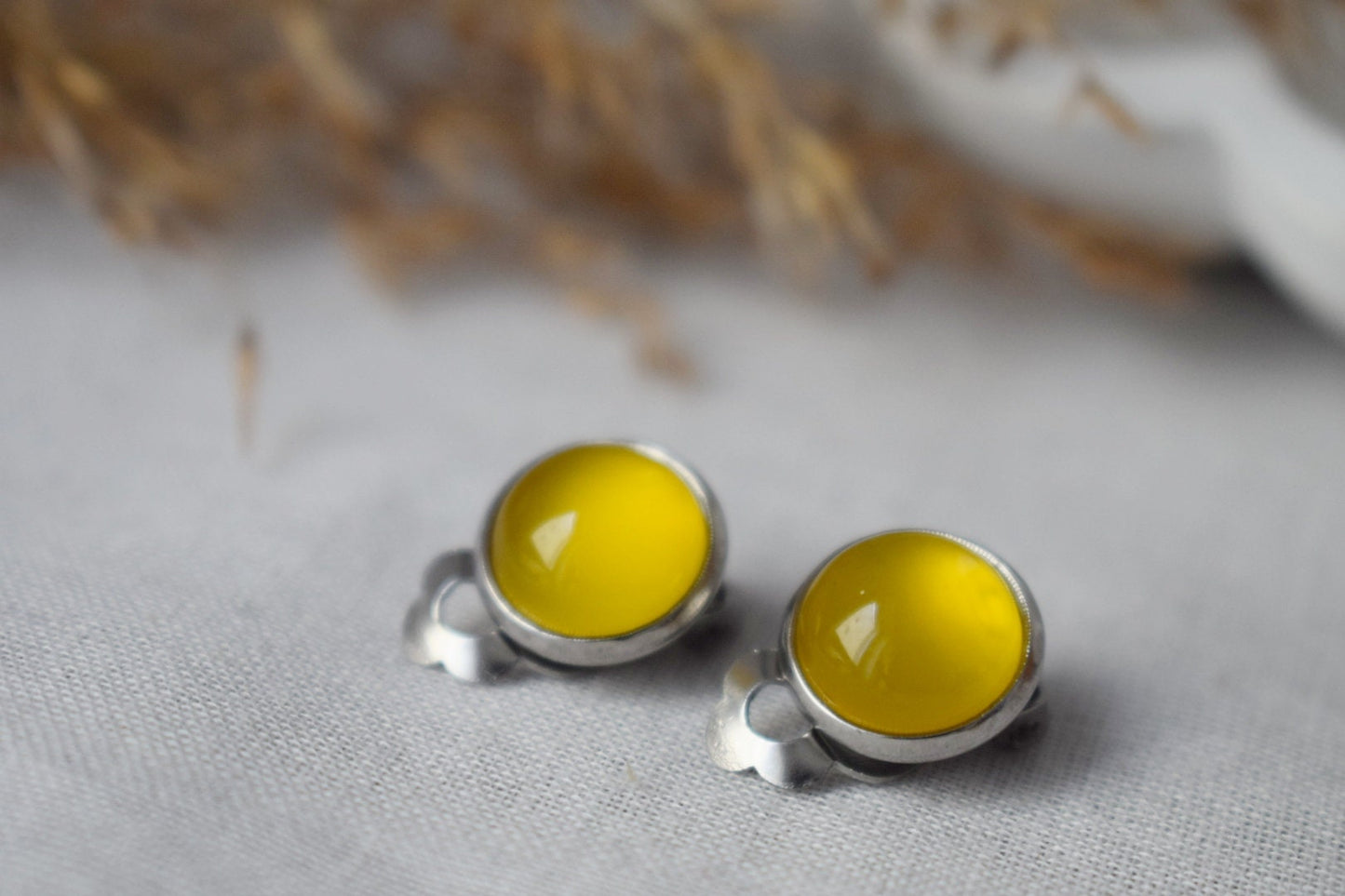 Gemstone clip on earrings, Yellow agate clip on earrings, Small non pierced earrings, No hole, Surgical stainless steel, Jewelry gift women