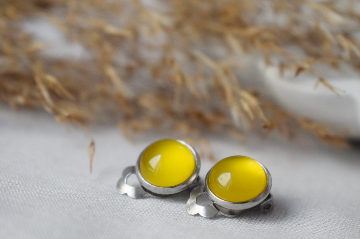 Gemstone clip on earrings, Yellow agate clip on earrings, Small non pierced earrings, No hole, Surgical stainless steel, Jewelry gift women