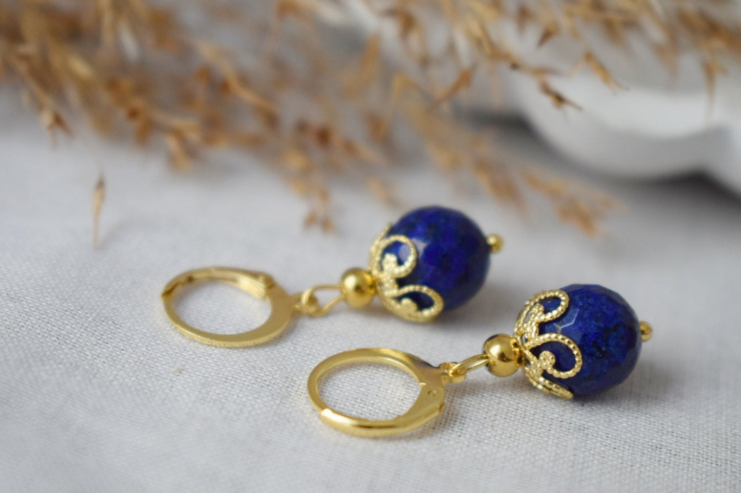 Lapis Lazuli Hoop Earrings, Faceted Gemstone Gold Huggies, Blue Lapis, September Birthstone, Hanging Ball Earrings, Jewelry Gift For Her