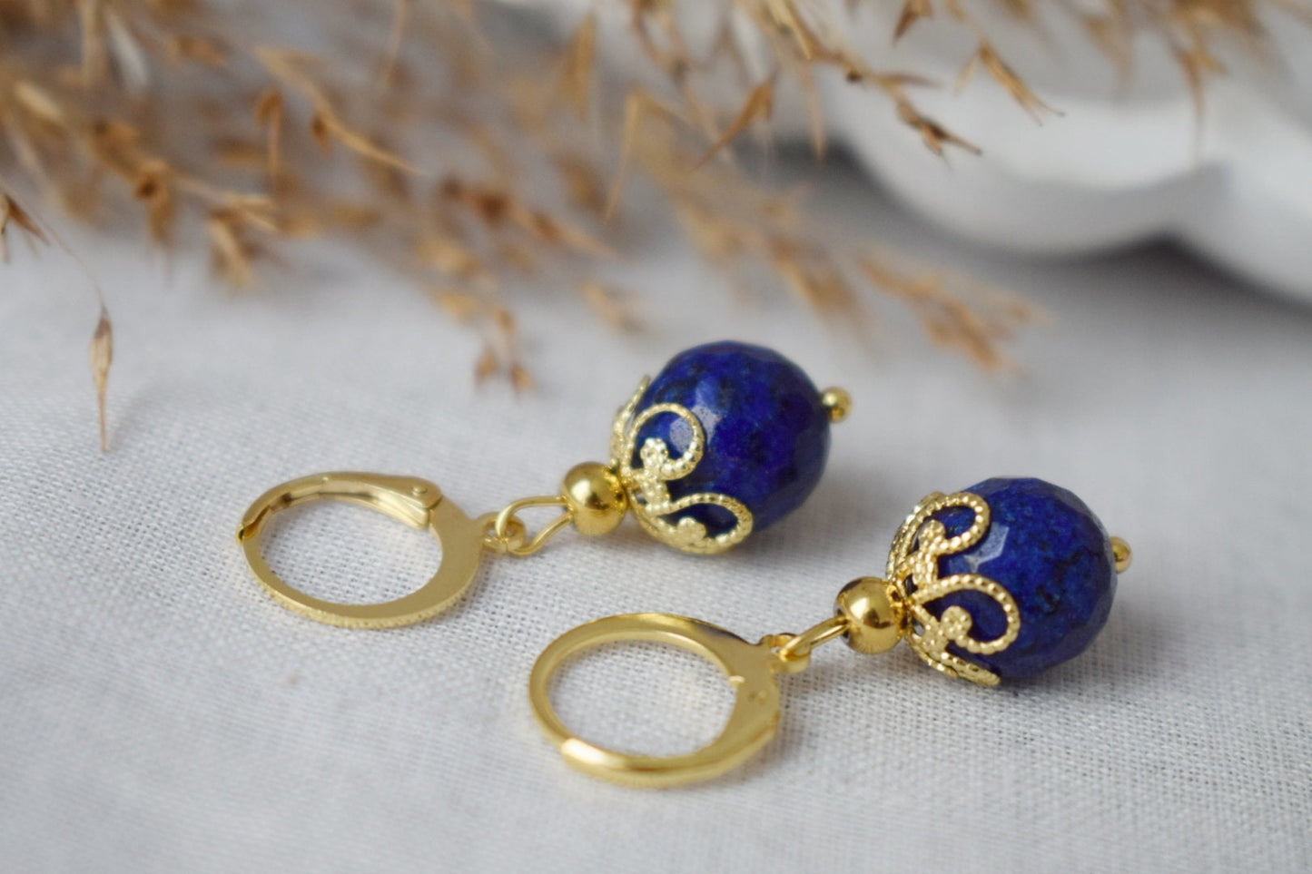 Lapis Lazuli Hoop Earrings, Faceted Gemstone Gold Huggies, Blue Lapis, September Birthstone, Hanging Ball Earrings, Jewelry Gift For Her