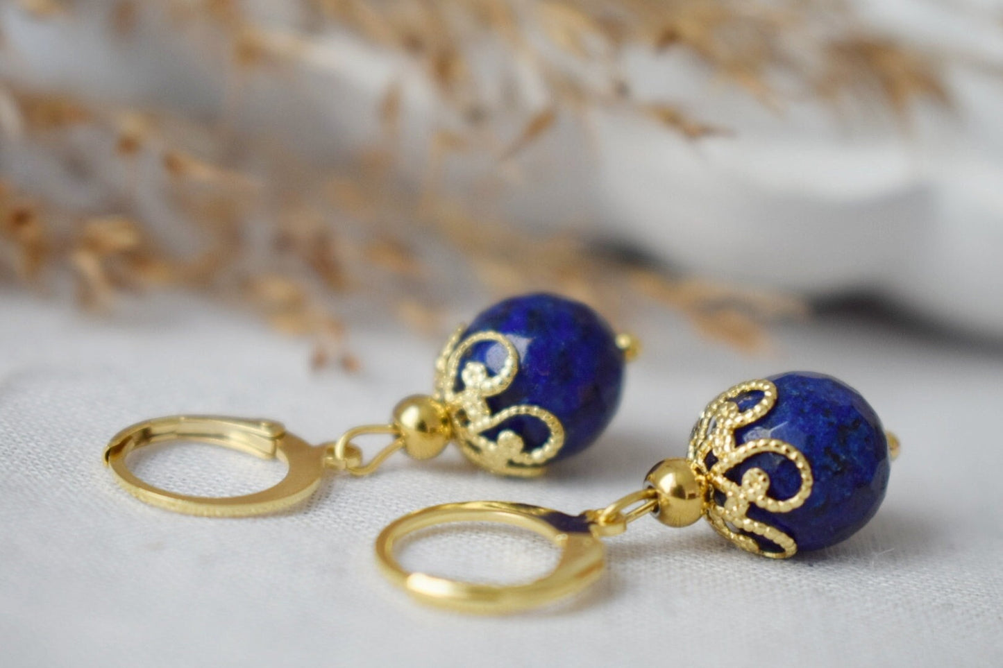 Lapis Lazuli Hoop Earrings, Faceted Gemstone Gold Huggies, Blue Lapis, September Birthstone, Hanging Ball Earrings, Jewelry Gift For Her
