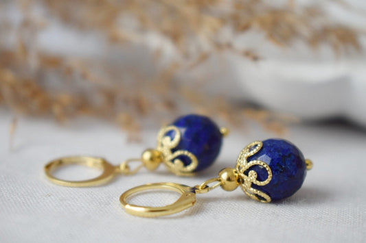 Lapis Lazuli Hoop Earrings, Faceted Gemstone Gold Huggies, Blue Lapis, September Birthstone, Hanging Ball Earrings, Jewelry Gift For Her