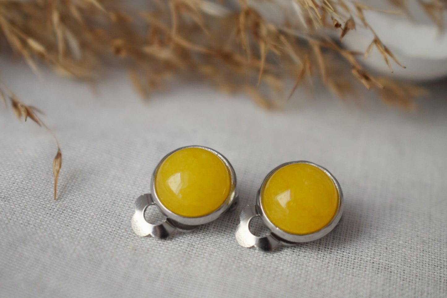 Clip on earrings yellow jade, Gemstone ear clips girls, Stone, Yellow silver, 8mm, 10mm, 12mm, round stainless steel clip on earrings, Women