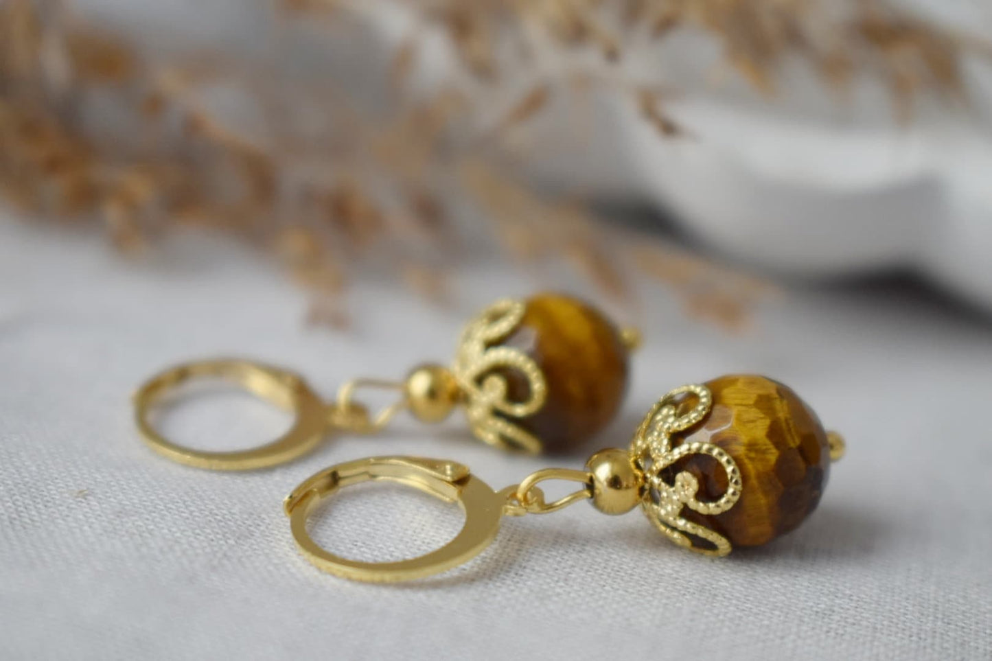 Tiger eye hoop earrings, Huggie gemstone earrings, Brown gold stone, Tiger's eye, Round, Lever back, Tiger eye bead, Jewelry gift for her