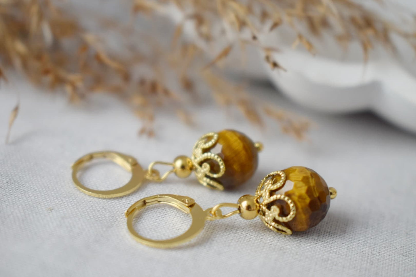 Tiger eye hoop earrings, Huggie gemstone earrings, Brown gold stone, Tiger's eye, Round, Lever back, Tiger eye bead, Jewelry gift for her
