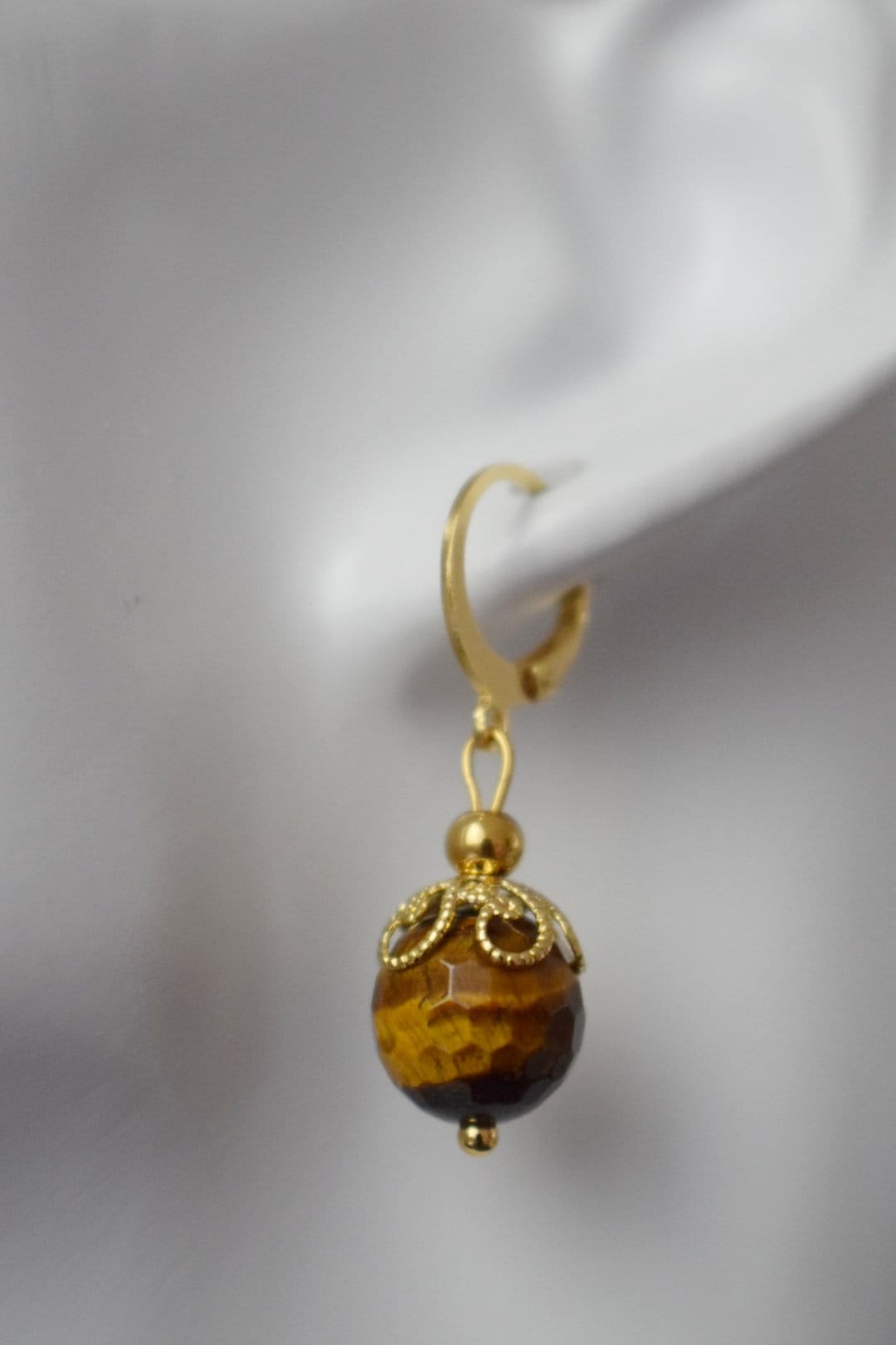 Tiger eye hoop earrings, Huggie gemstone earrings, Brown gold stone, Tiger's eye, Round, Lever back, Tiger eye bead, Jewelry gift for her