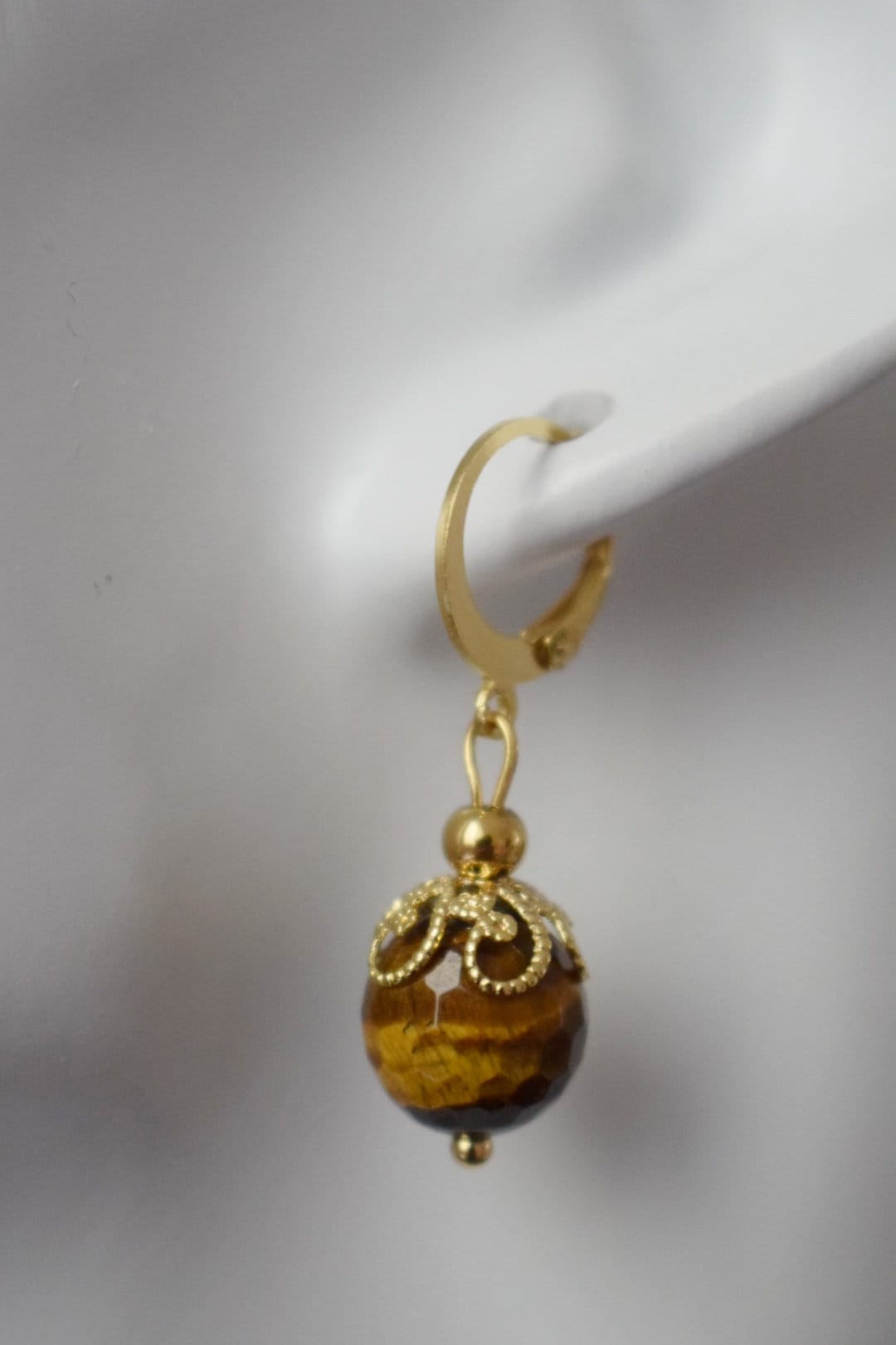 Tiger eye hoop earrings, Huggie gemstone earrings, Brown gold stone, Tiger's eye, Round, Lever back, Tiger eye bead, Jewelry gift for her