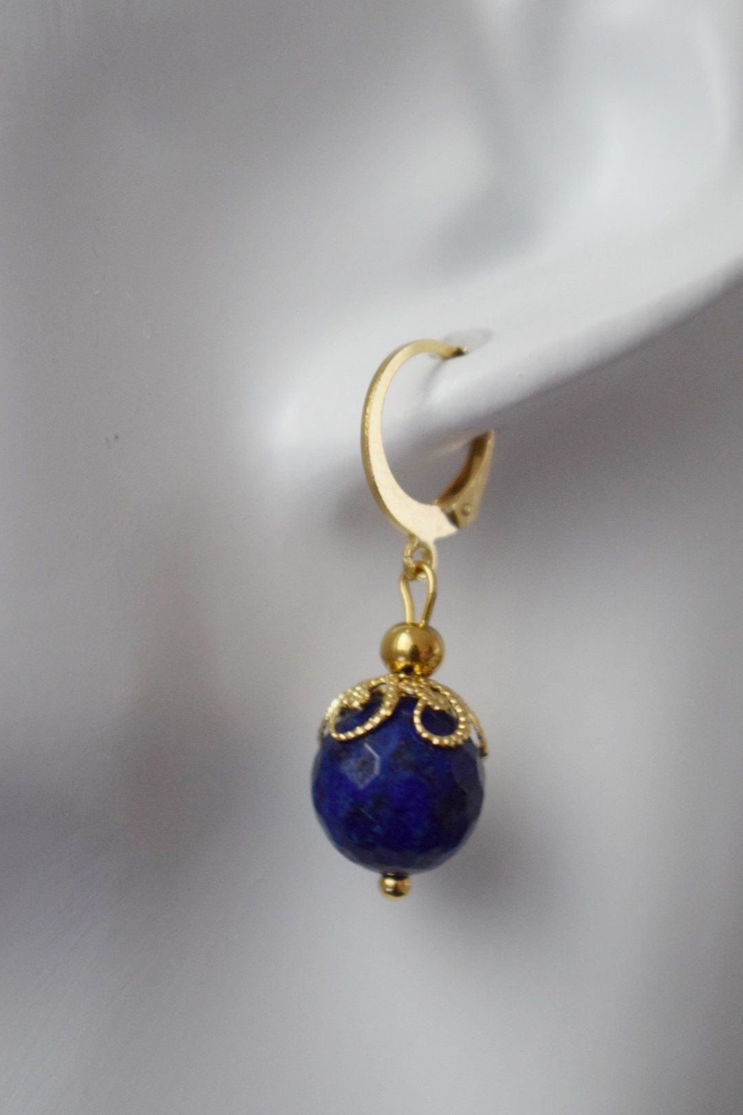 Lapis Lazuli Hoop Earrings, Faceted Gemstone Gold Huggies, Blue Lapis, September Birthstone, Hanging Ball Earrings, Jewelry Gift For Her
