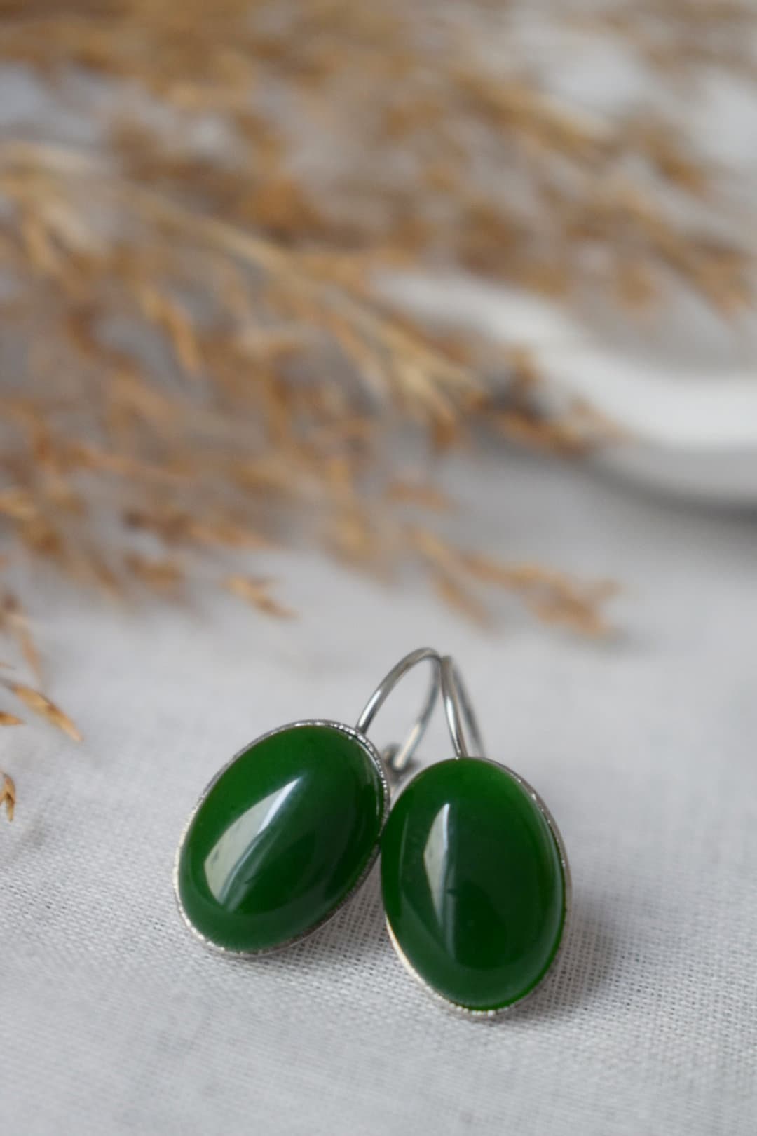 Green jade earrings, Gemstone oval dangle drop earrings, Dark Green, Stainless steel, Leverback, Birthday small jewelry gift for women