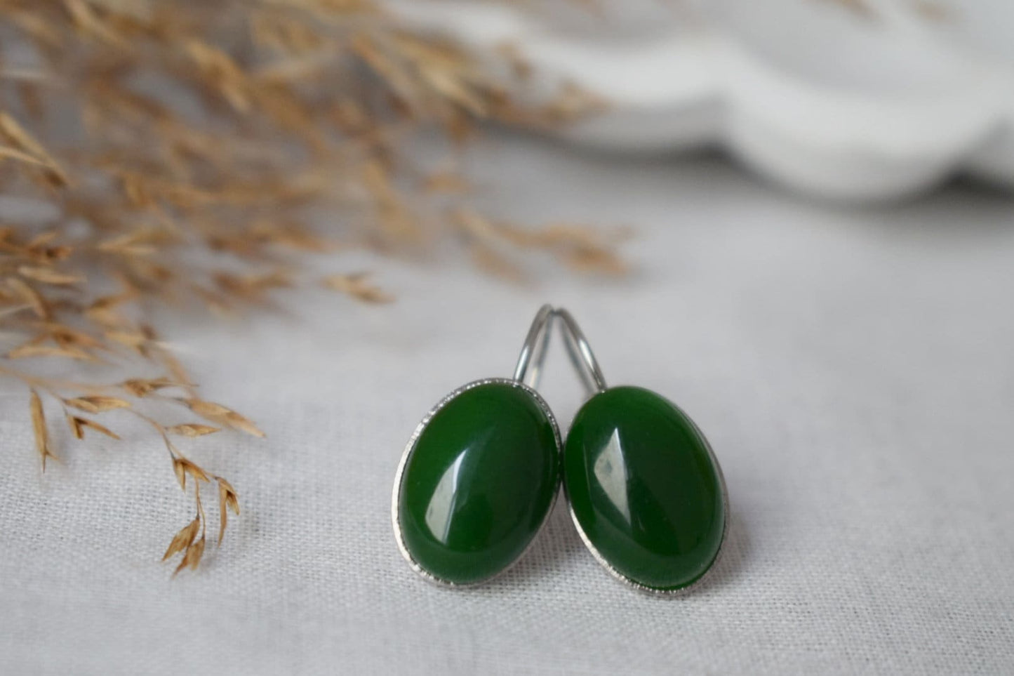 Green jade earrings, Gemstone oval dangle drop earrings, Dark Green, Stainless steel, Leverback, Birthday small jewelry gift for women