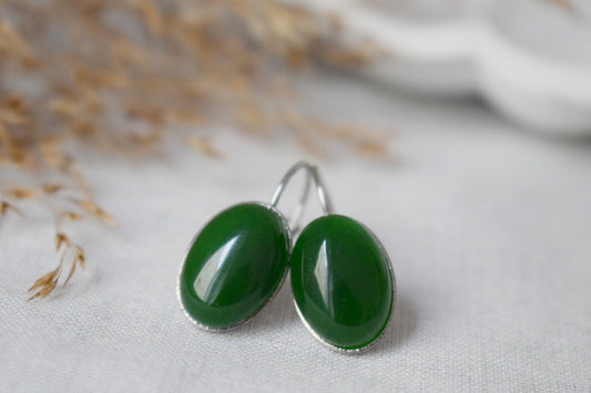 Green jade earrings, Gemstone oval dangle drop earrings, Dark Green, Stainless steel, Leverback, Birthday small jewelry gift for women