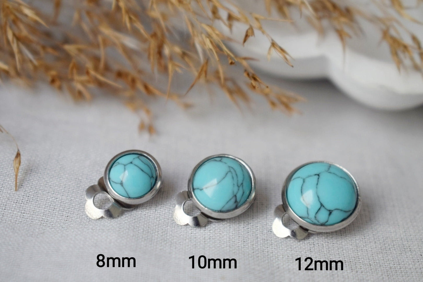 Clip on earrings turquoise, Blue gemstone ear clips for women, Surgical stainless steel non pierced earrings, Lightweight handmade jewelry