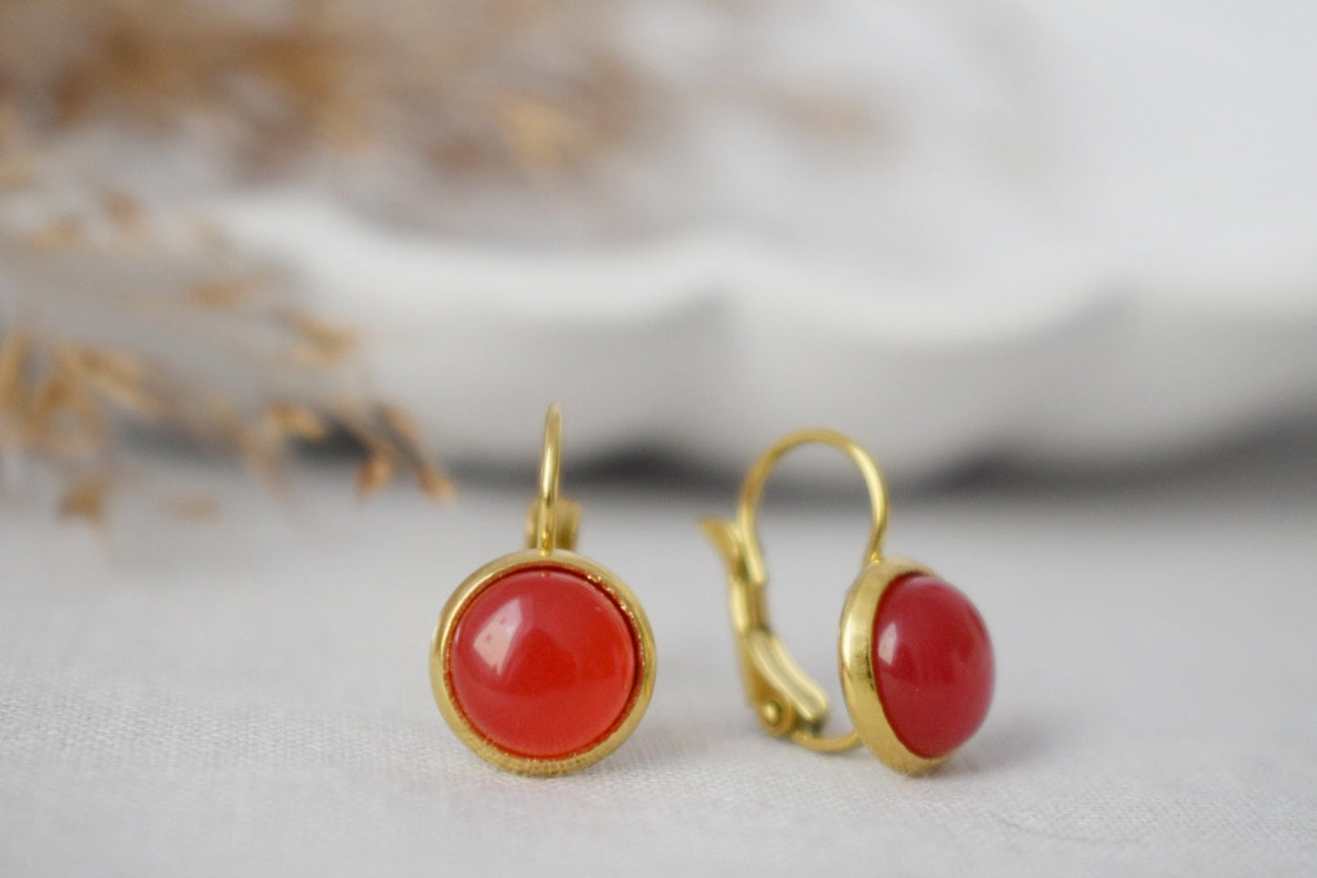Red Jade Earrings Gold, 12mm Gemstone Dangle Earrings, Stone Hanging Earrings, Red Stone Lever Back Earrings, Jade Jewelry, Gift For Her