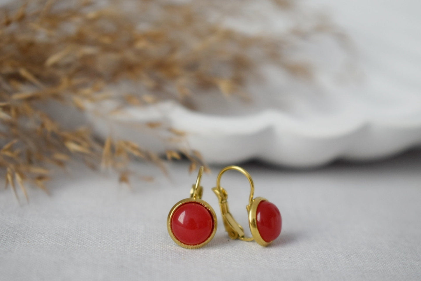 Red Jade Earrings Gold, 12mm Gemstone Dangle Earrings, Stone Hanging Earrings, Red Stone Lever Back Earrings, Jade Jewelry, Gift For Her