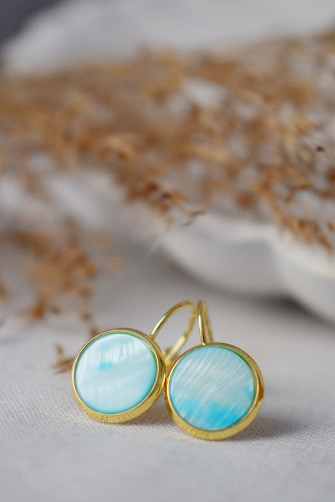 Mother of pearl earrings dangle, Gold and pearl earrings, Cabochon, 10mm, Lever back earrings, Bridesmaid, Wedding earrings, Gift for women