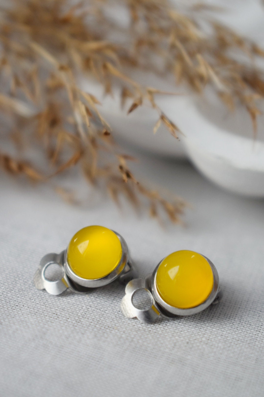 Gemstone clip on earrings, Yellow agate clip on earrings, Small non pierced earrings, No hole, Surgical stainless steel, Jewelry gift women