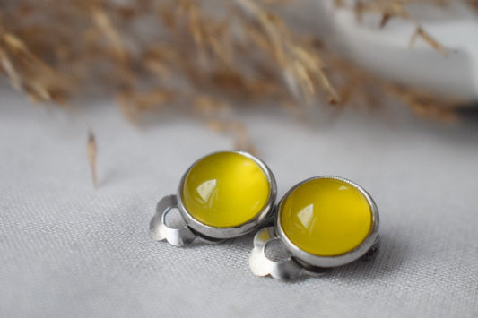 Gemstone clip on earrings, Yellow agate clip on earrings, Small non pierced earrings, No hole, Surgical stainless steel, Jewelry gift women