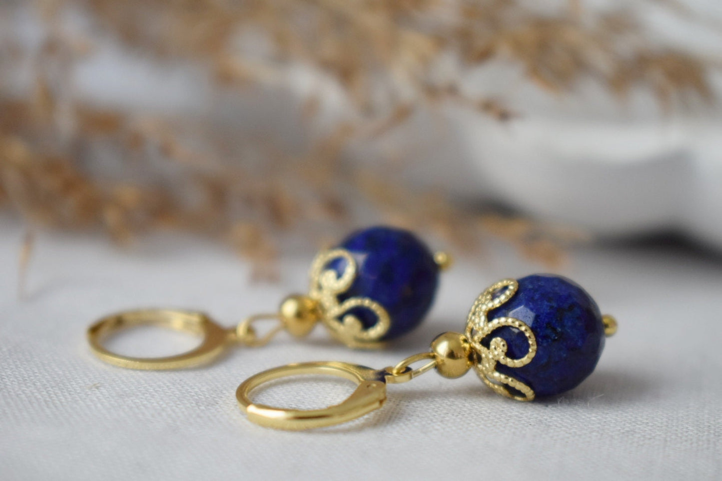 Lapis Lazuli Hoop Earrings, Faceted Gemstone Gold Huggies, Blue Lapis, September Birthstone, Hanging Ball Earrings, Jewelry Gift For Her