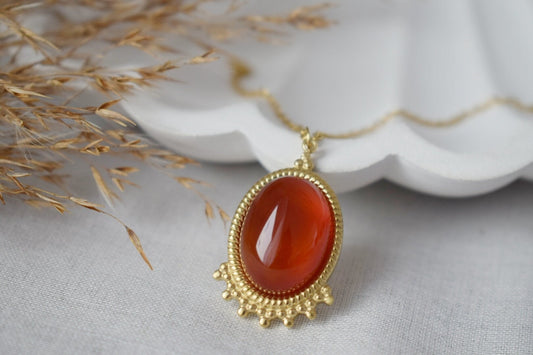 Red Agate Necklace Gold, Oval Gemstone Victorian Necklace For Women, Unique Pendant, Stone Statement Necklace, Agate Jewelry, Gift For Her