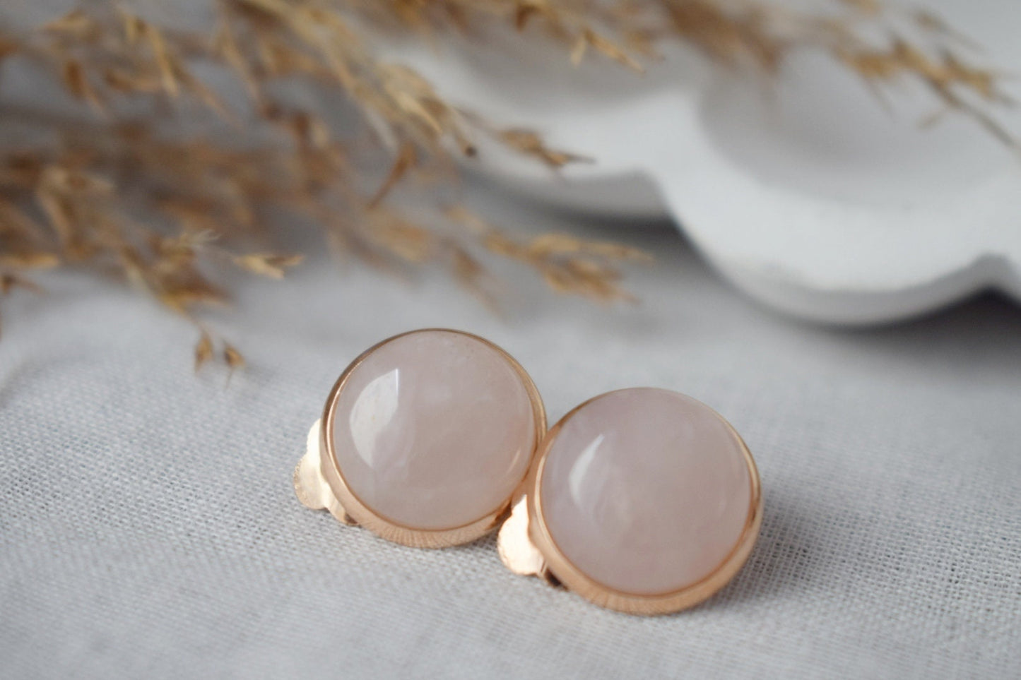 Rose gold clip on earrings rose quartz for women, Gemstone, Non pierced earrings, Pink stone, Stainless steel, Rose Quartz jewelry