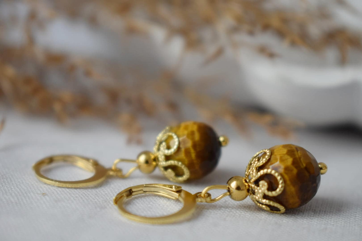 Tiger eye hoop earrings, Huggie gemstone earrings, Brown gold stone, Tiger's eye, Round, Lever back, Tiger eye bead, Jewelry gift for her