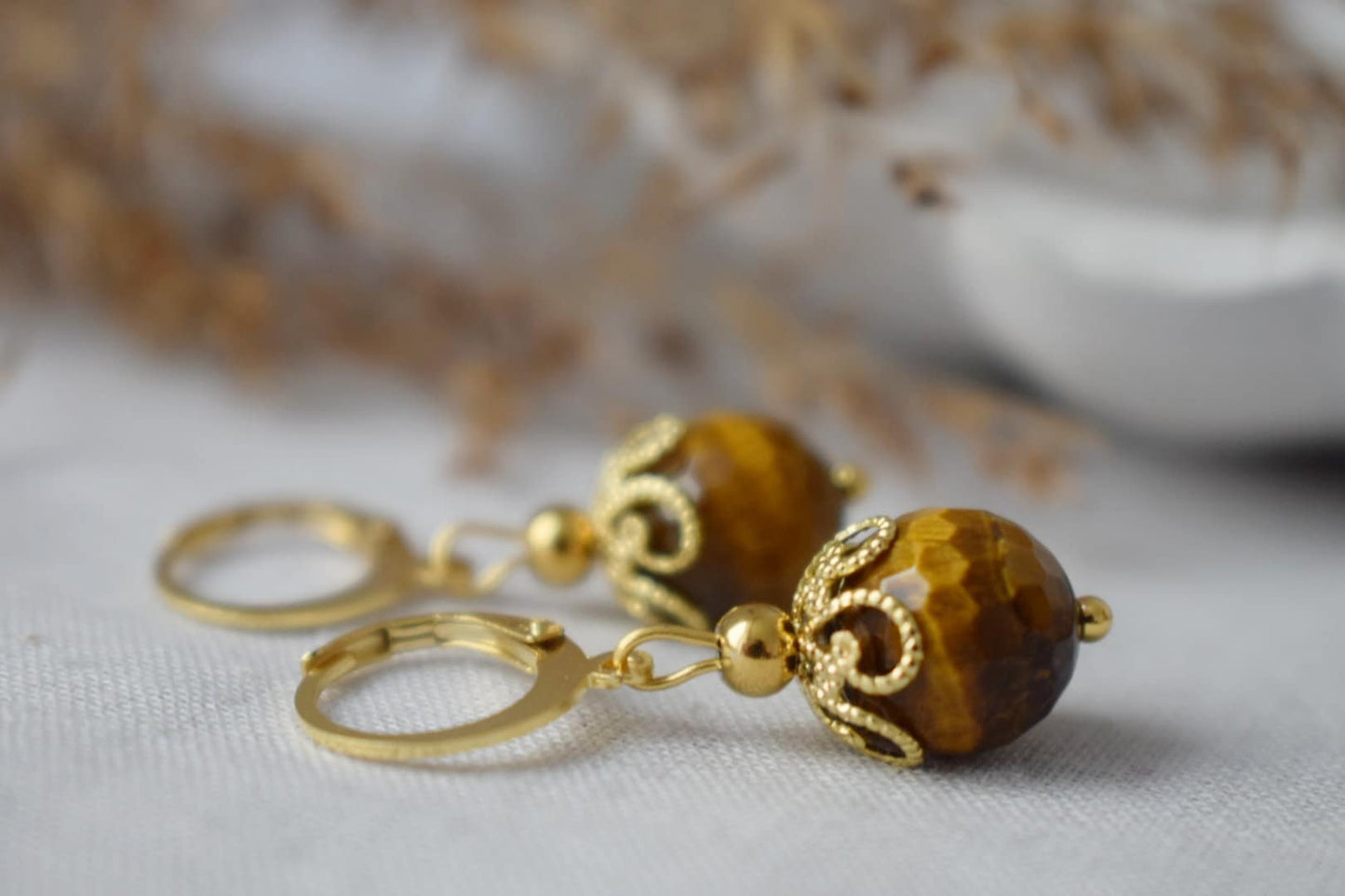 Tiger eye hoop earrings, Huggie gemstone earrings, Brown gold stone, Tiger's eye, Round, Lever back, Tiger eye bead, Jewelry gift for her