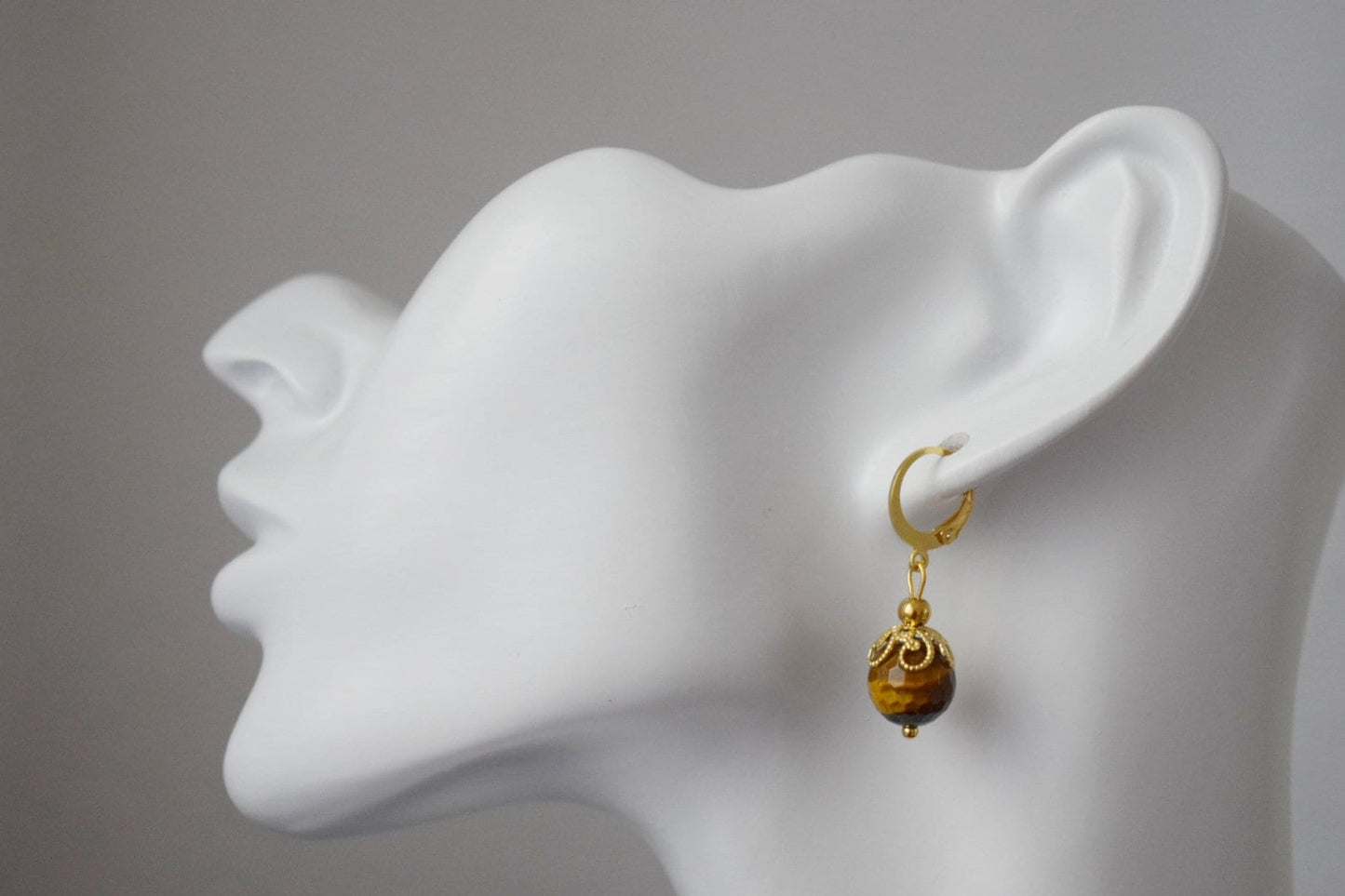 Tiger eye hoop earrings, Huggie gemstone earrings, Brown gold stone, Tiger's eye, Round, Lever back, Tiger eye bead, Jewelry gift for her