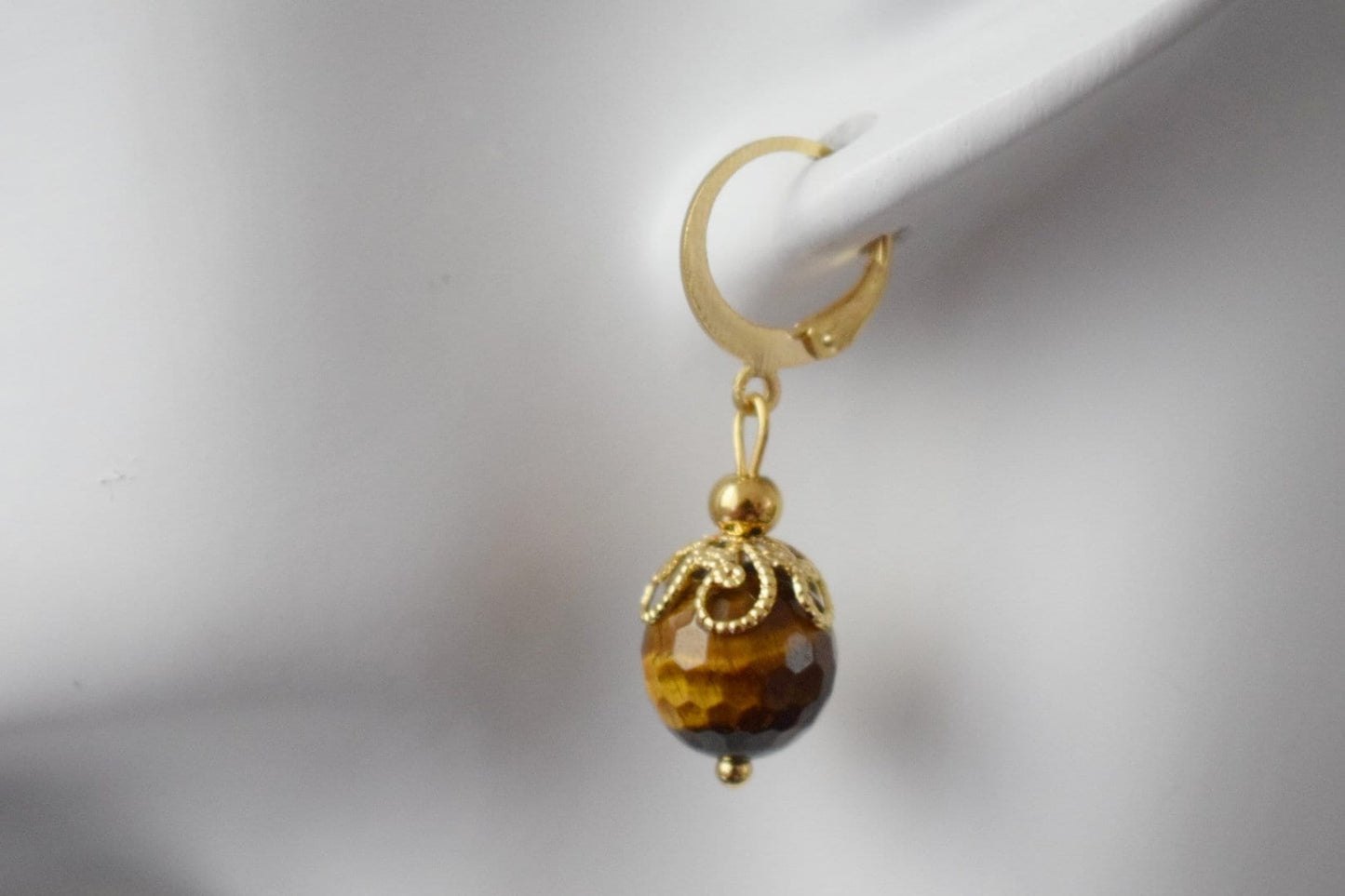 Tiger eye hoop earrings, Huggie gemstone earrings, Brown gold stone, Tiger's eye, Round, Lever back, Tiger eye bead, Jewelry gift for her