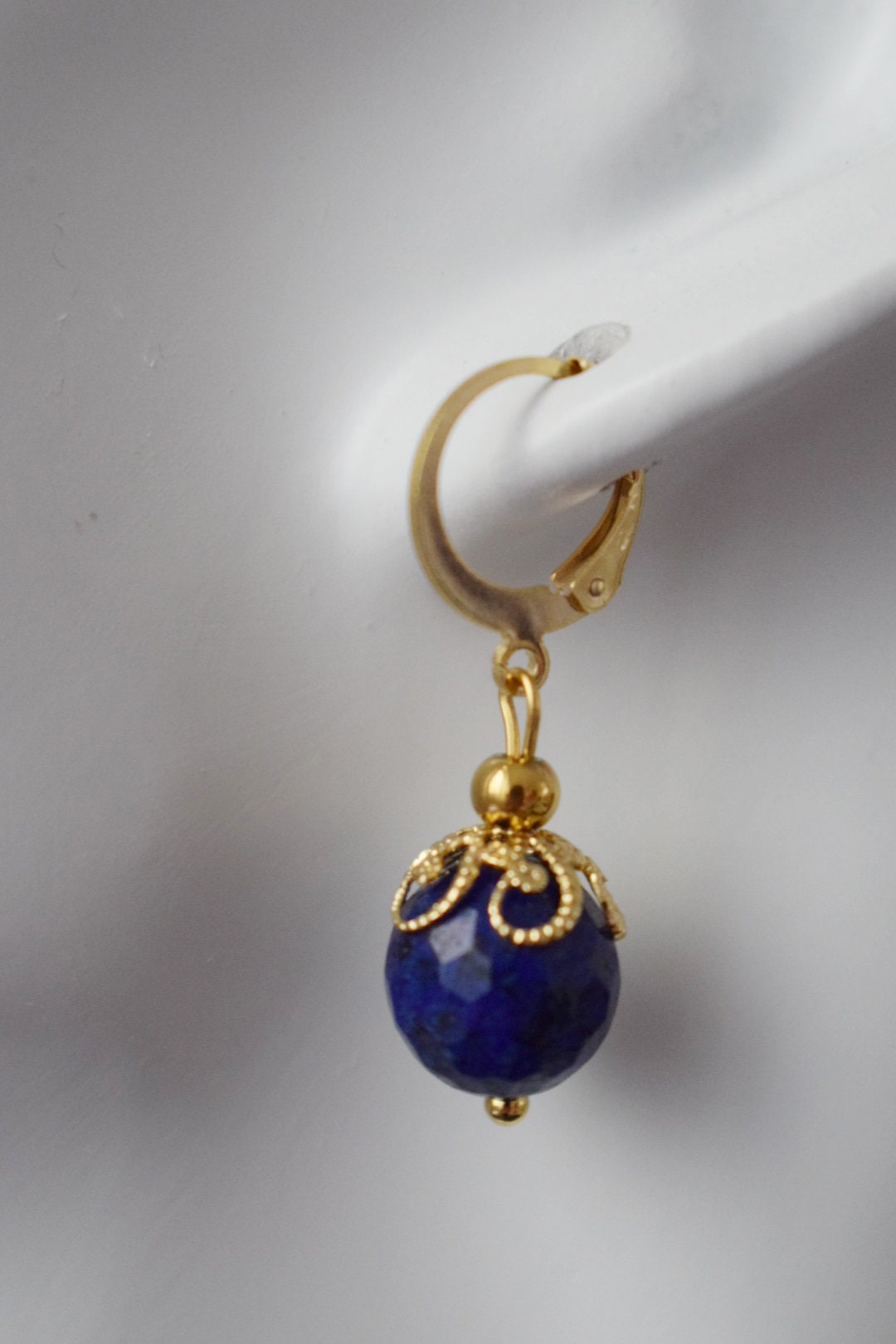 Lapis Lazuli Hoop Earrings, Faceted Gemstone Gold Huggies, Blue Lapis, September Birthstone, Hanging Ball Earrings, Jewelry Gift For Her