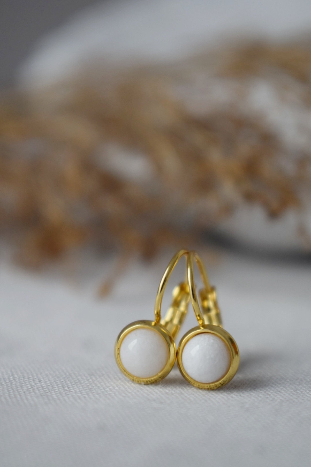 White Jade Earrings, 6mm Round Gemstone Earrings, 18k gold plated stainless steel, Minimalist Earrings, Handmade Jewelry, Gift For Her