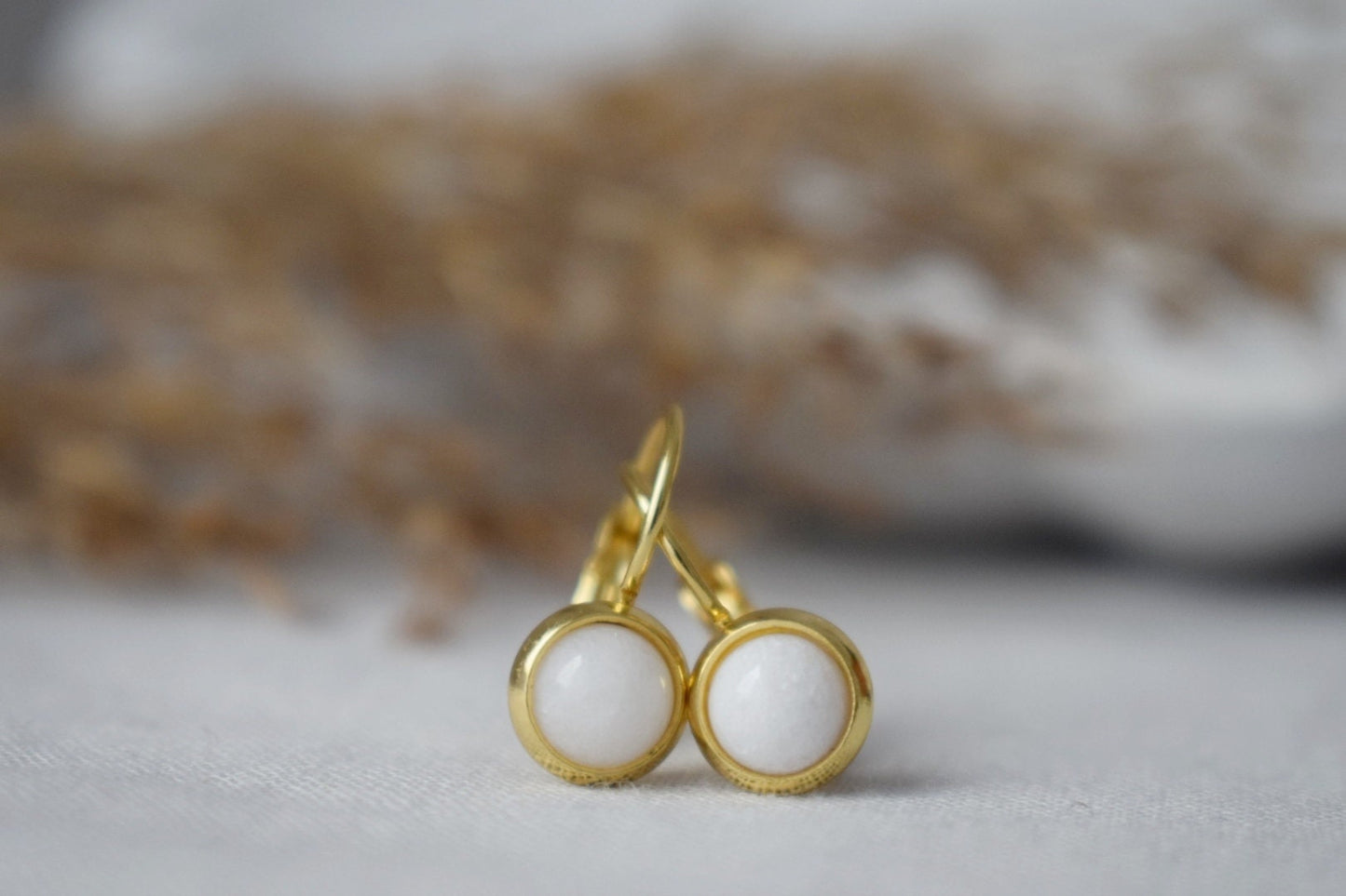 White Jade Earrings, 6mm Round Gemstone Earrings, 18k gold plated stainless steel, Minimalist Earrings, Handmade Jewelry, Gift For Her