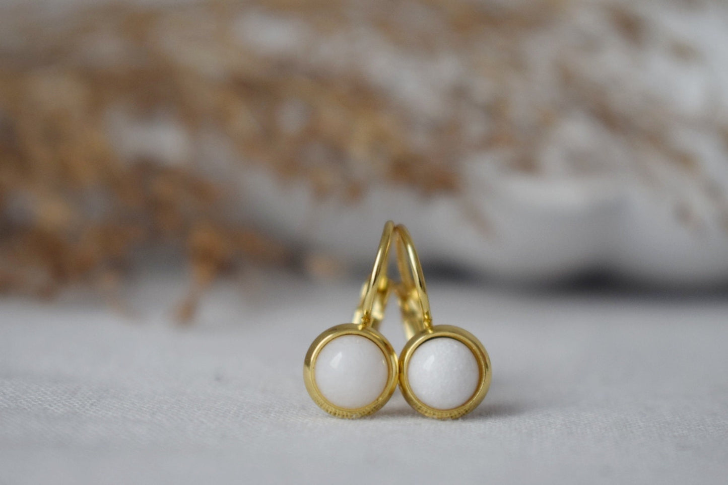 White Jade Earrings, 6mm Round Gemstone Earrings, 18k gold plated stainless steel, Minimalist Earrings, Handmade Jewelry, Gift For Her