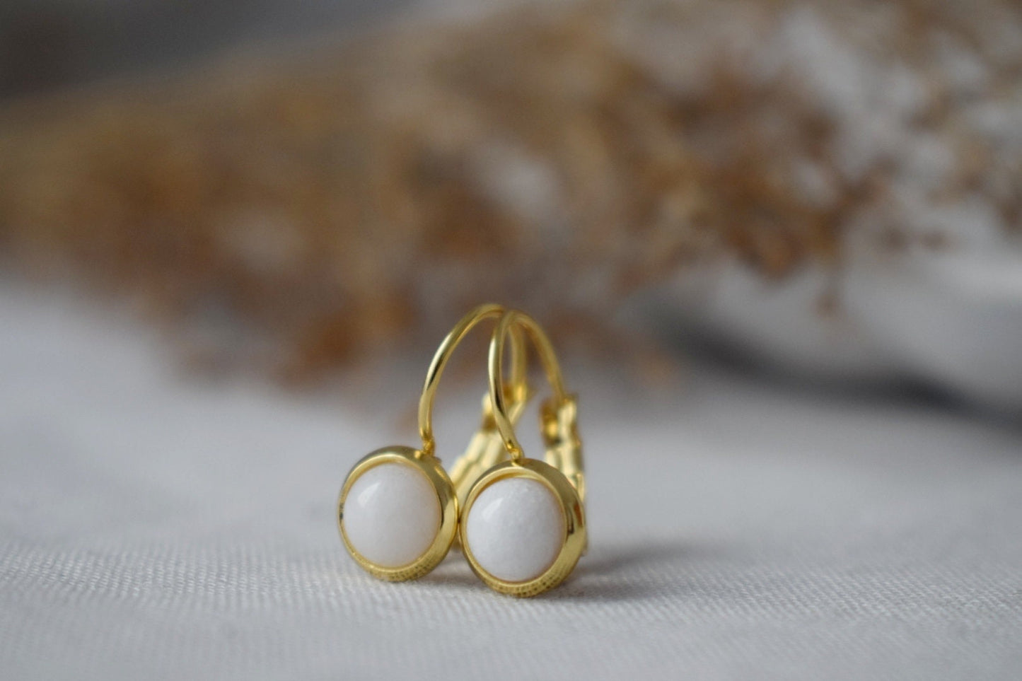 White Jade Earrings, 6mm Round Gemstone Earrings, 18k gold plated stainless steel, Minimalist Earrings, Handmade Jewelry, Gift For Her