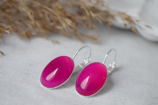 Pink agate earrings, Oval gemstone earrings, Pink leverback earrings, Pink stone, Pink silver jewelry, Agate silver jewelry, Gift for her