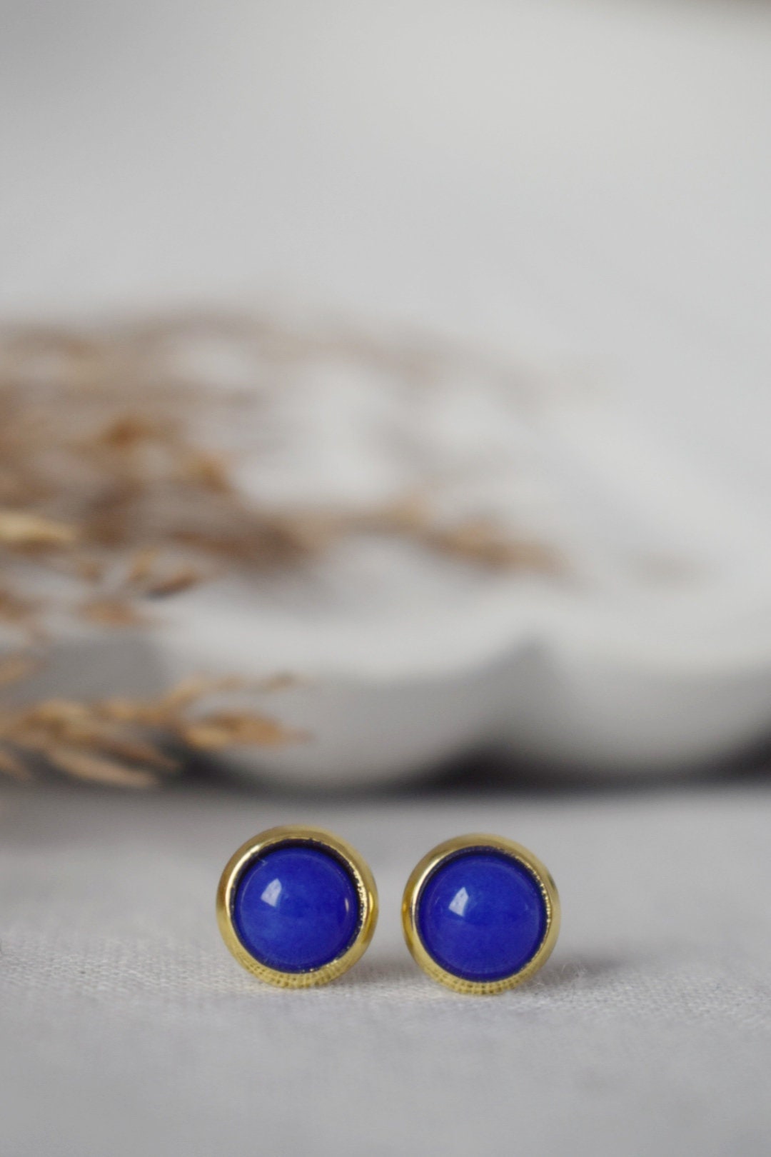 Mini jade blue stud earrings, 6mm Royal blue gemstone earrings, Small post earrings, Push back earrings, Minimalist jewelry, Gift for her