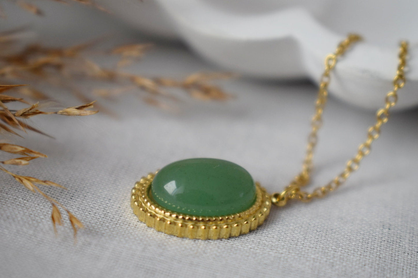 Green Aventurine Necklace, Oval Victorian Necklace For Women, Unique Gemstone Pendant, Green Stone, Natural Aventurine Gold Jewelry, Gift