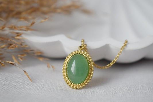 Green Aventurine Necklace, Oval Victorian Necklace For Women, Unique Gemstone Pendant, Green Stone, Natural Aventurine Gold Jewelry, Gift