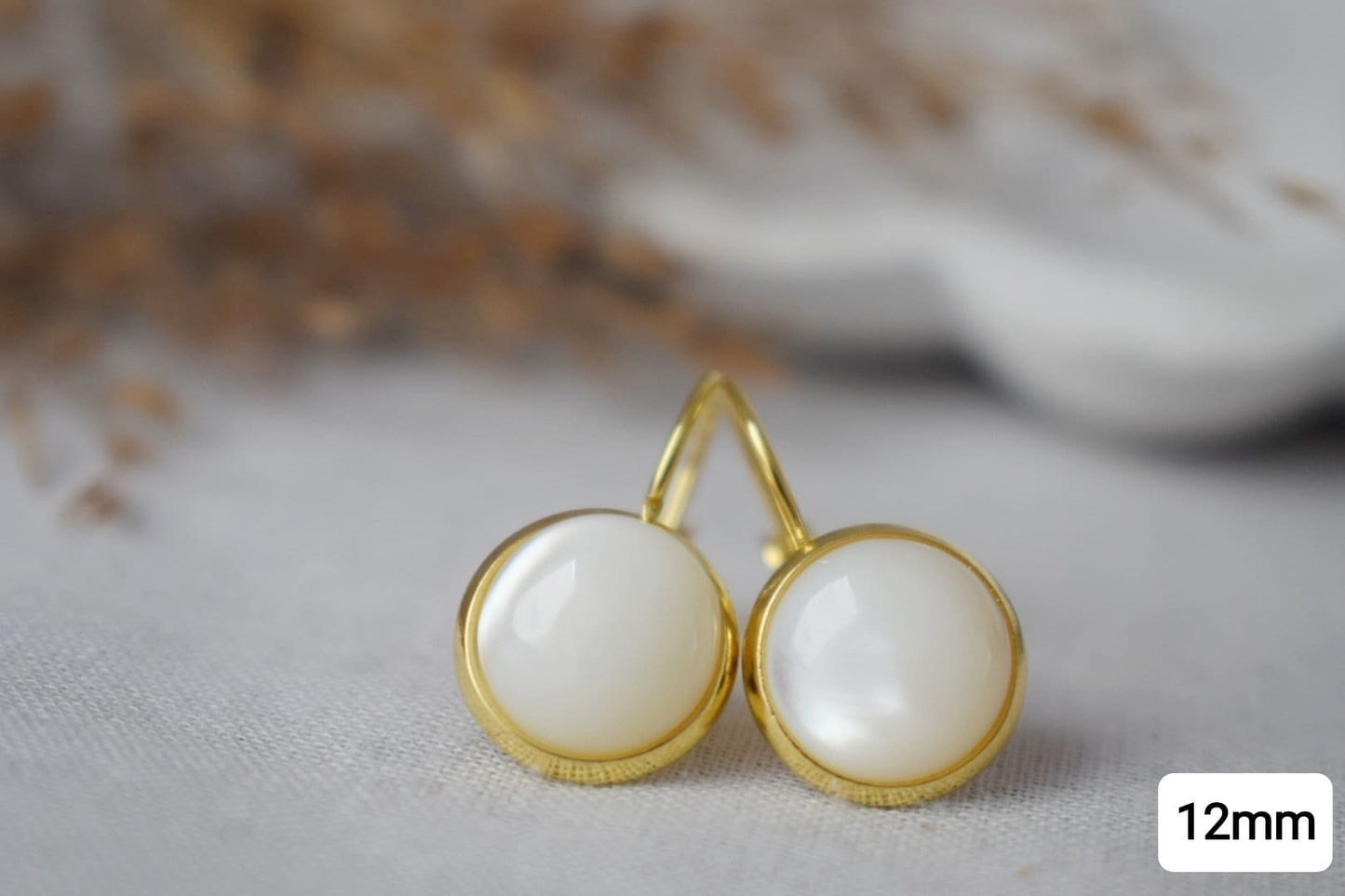 Mother of pearl earrings dangle, Gold and pearl earrings, Cabochon, 10mm, Lever back earrings, Bridesmaid, Wedding earrings, Gift for women