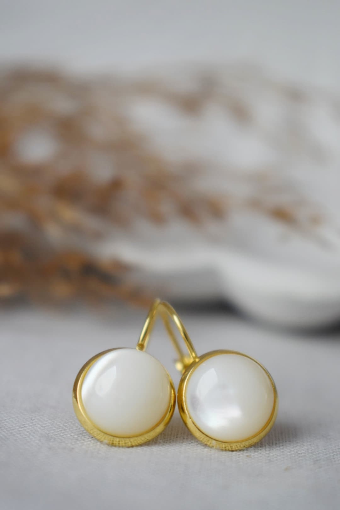 Mother of pearl earrings dangle, Gold and pearl earrings, Cabochon, 10mm, Lever back earrings, Bridesmaid, Wedding earrings, Gift for women
