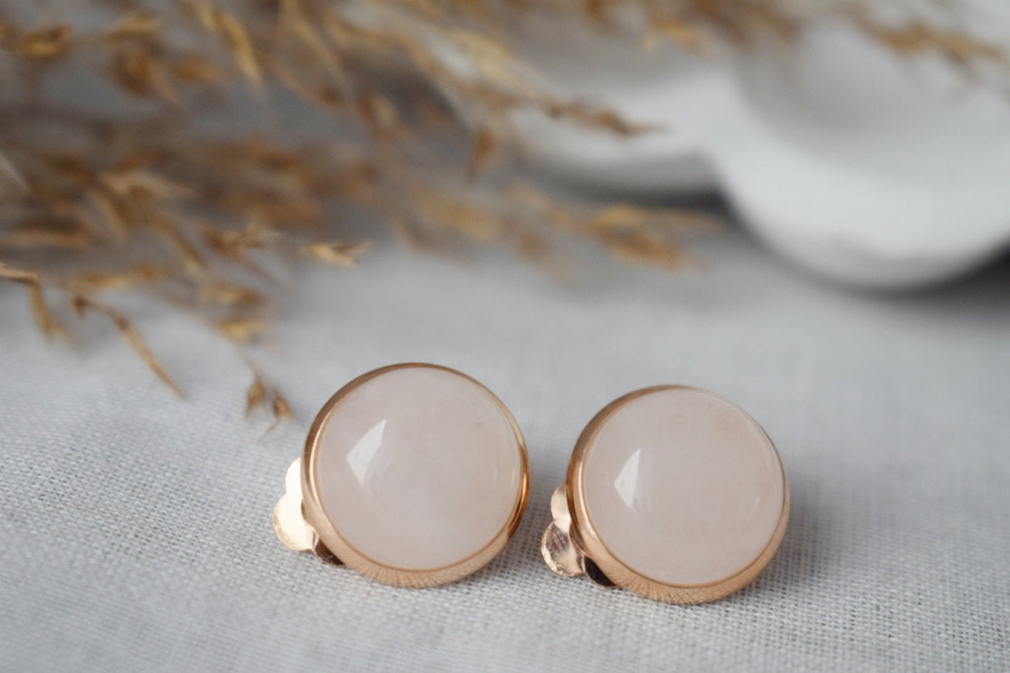 Rose gold clip on earrings rose quartz for women, Gemstone, Non pierced earrings, Pink stone, Stainless steel, Rose Quartz jewelry