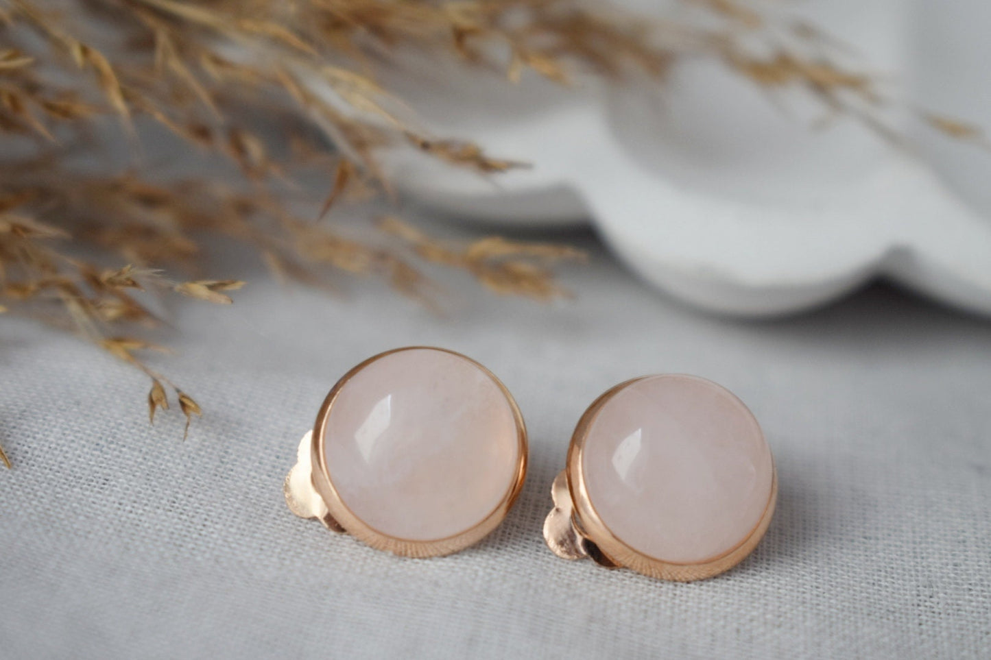 Rose gold clip on earrings rose quartz for women, Gemstone, Non pierced earrings, Pink stone, Stainless steel, Rose Quartz jewelry