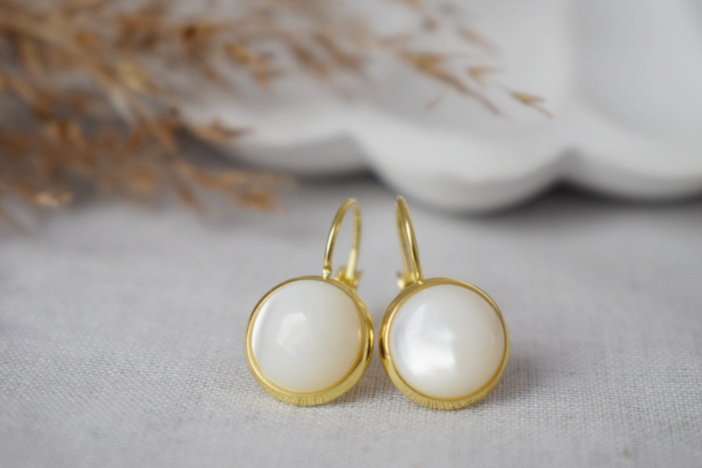 Mother of pearl earrings, Shell dangle earrings, Bridesmaid gift, Wedding jewelry